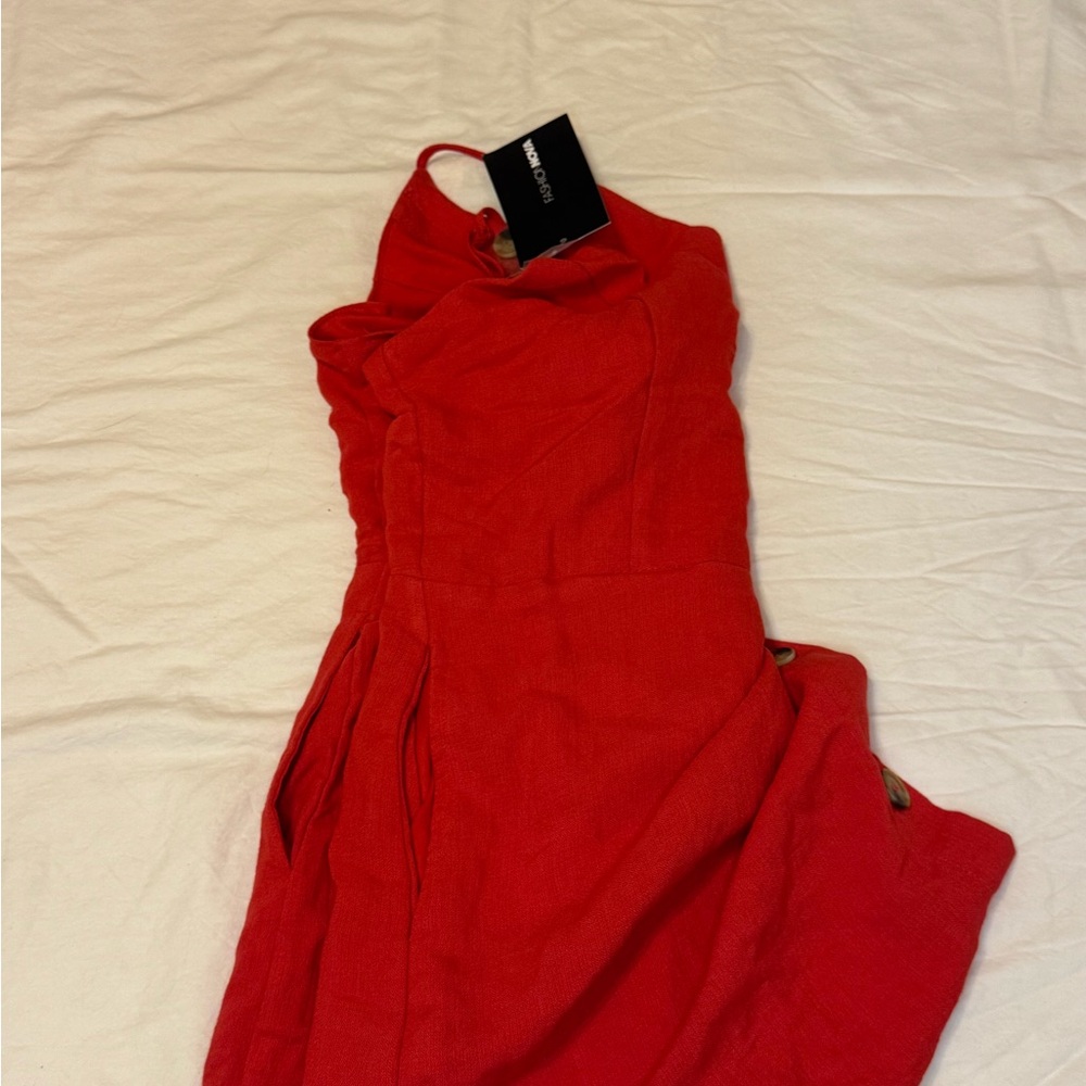 Red Button-Front Spaghetti Strap Romper - Picture 3 of 3